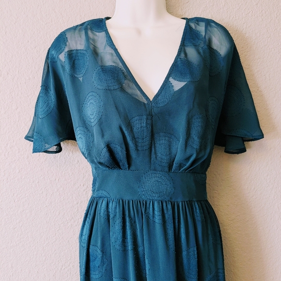 Maggy London Embroidered Teal Midi Dress with V-Neck and Flutter Sleeves Sz. 10P - Picture 3 of 11